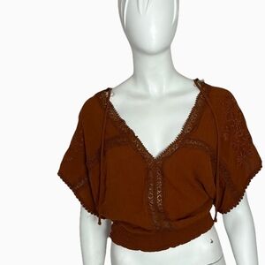 Women's Brown Lace Trim Top